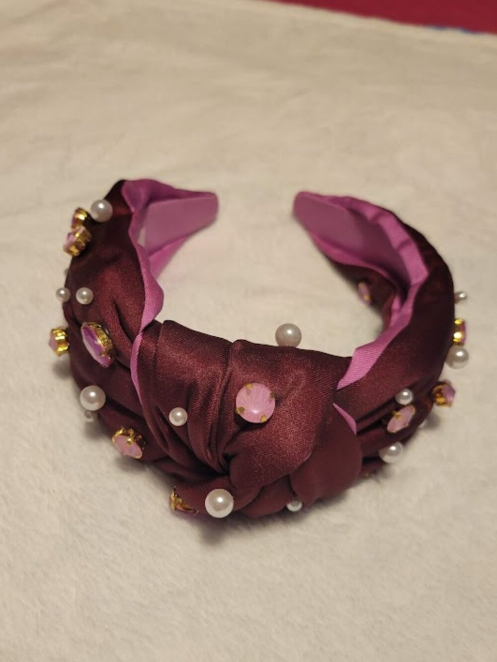 Lilly Pulitzer Embellished Knotted Headband Burgundy Pink Pearl Rhinestone